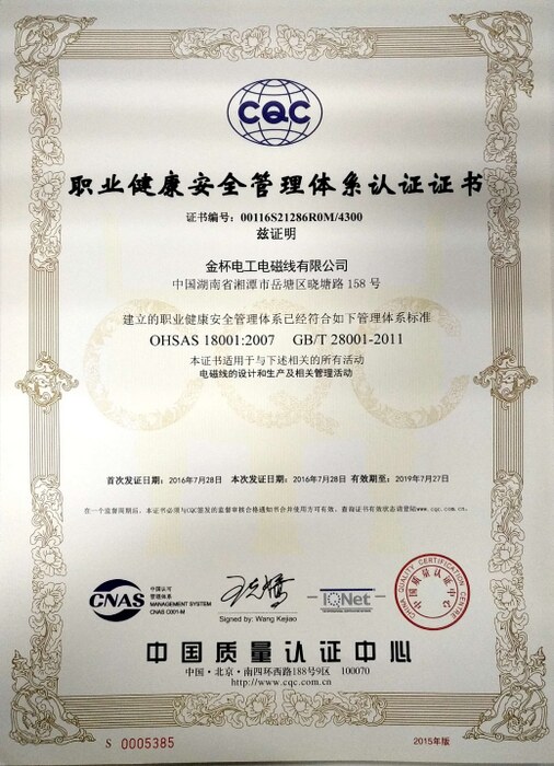 職業(yè)健康安全管理體系認(rèn)證證書